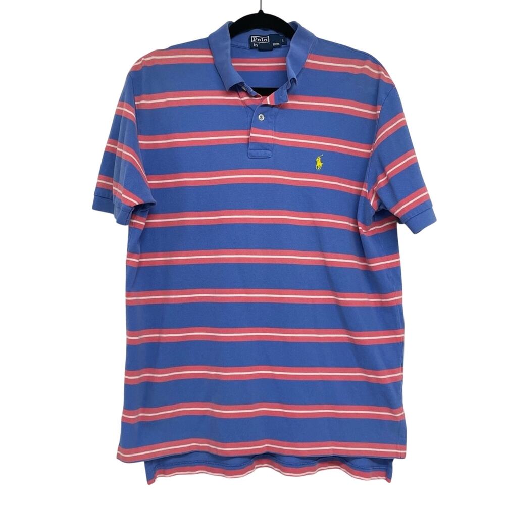 Polo Ralph Lauren Blue & Pink Striped Short Sleeve Polo Shirt Mens L Casual Golf
